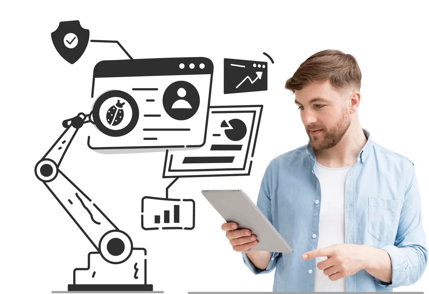 Engineer holding a tablet while reviewing results.