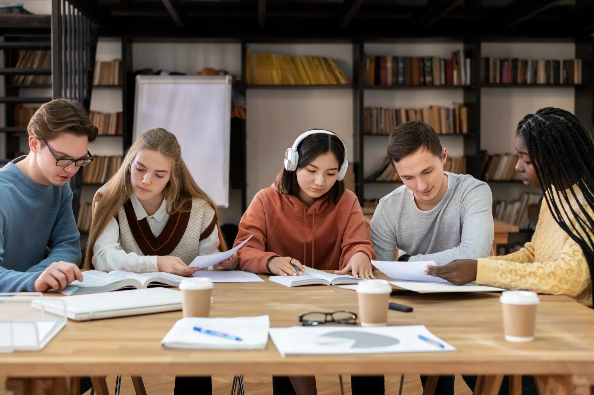 College students studying together around a laptop.