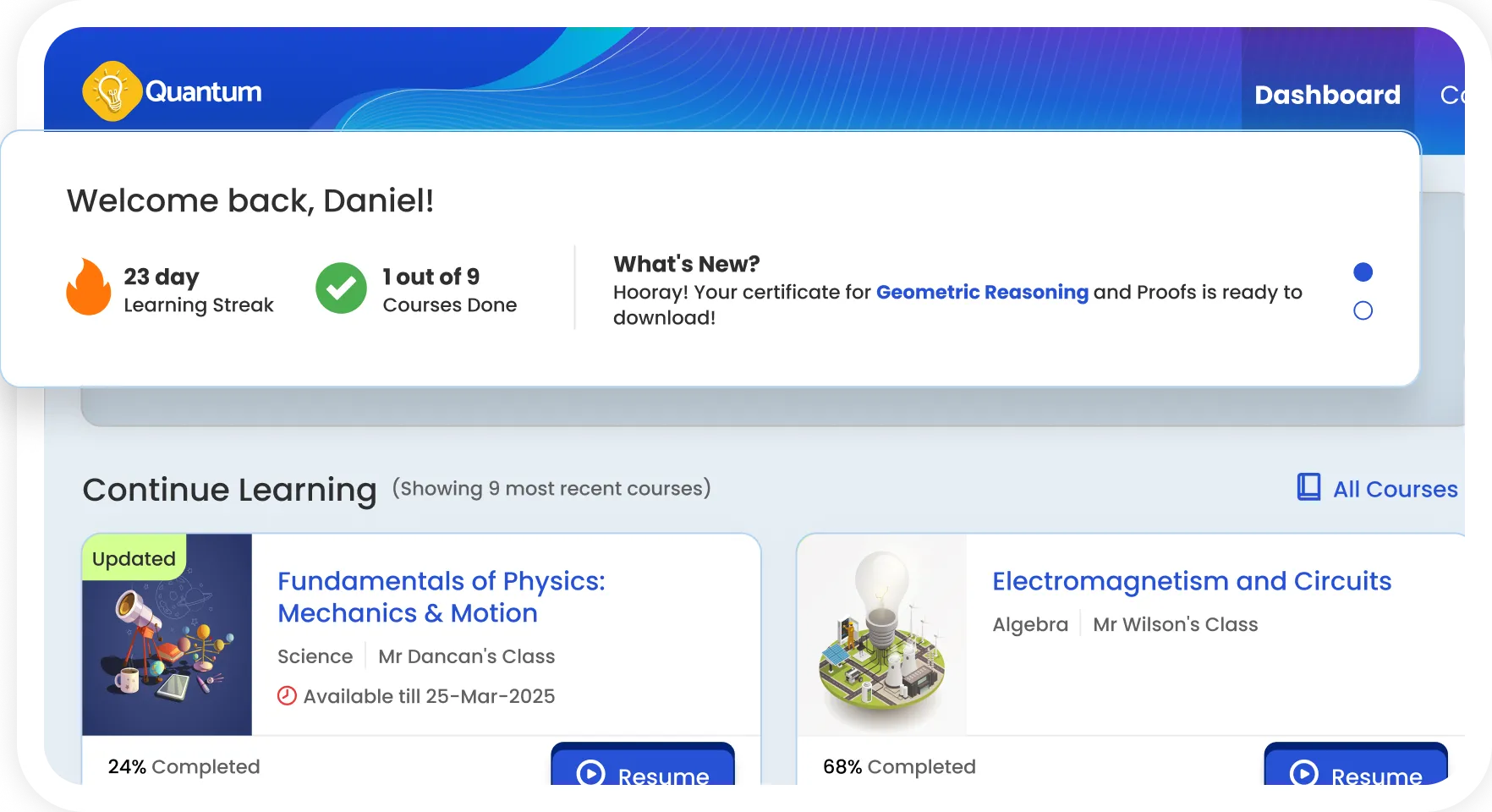 Quantum LMS dashboard preview with welcome card and course list