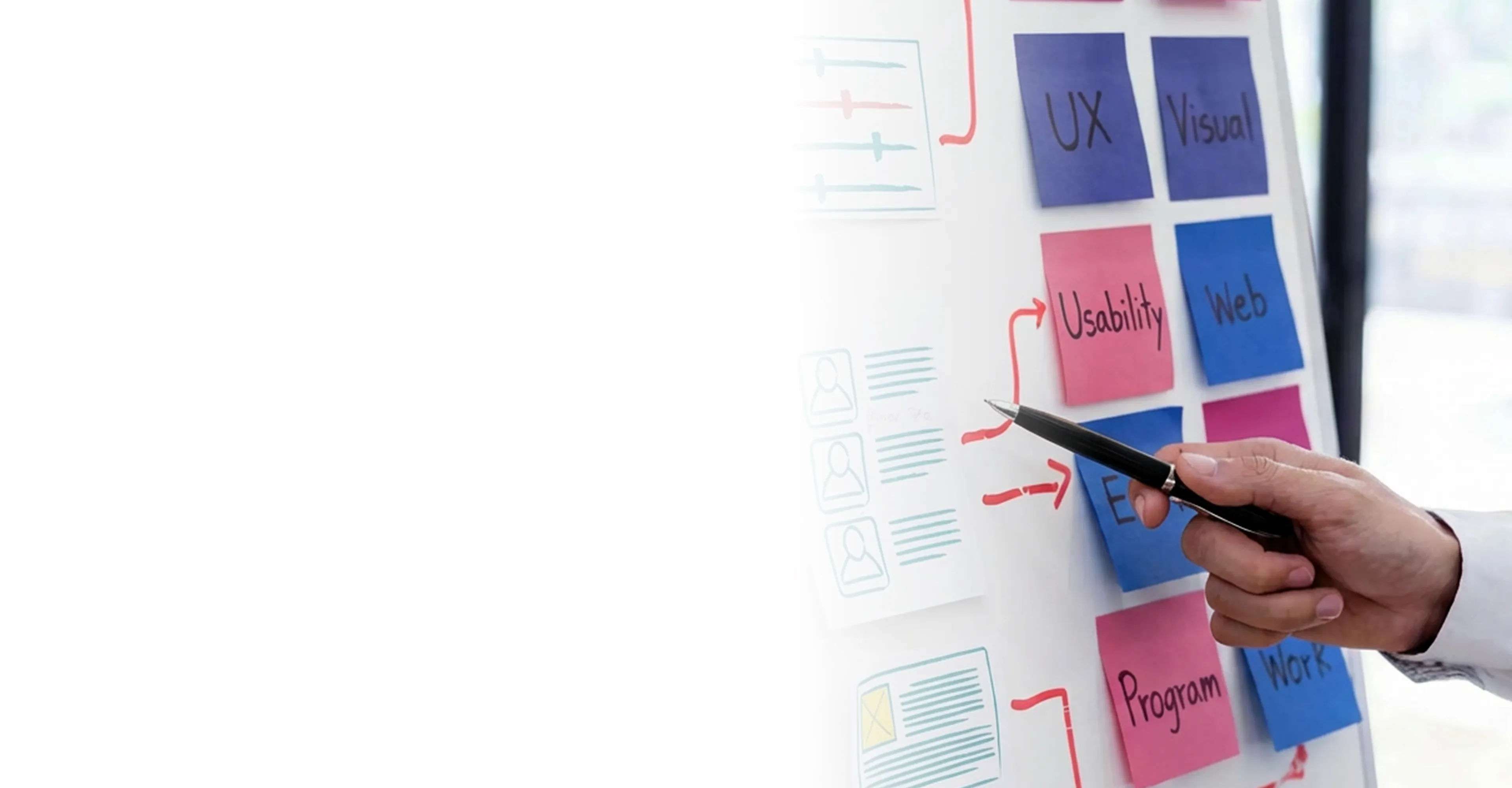 Hands arranging colorful sticky notes on a whiteboard for UX planning