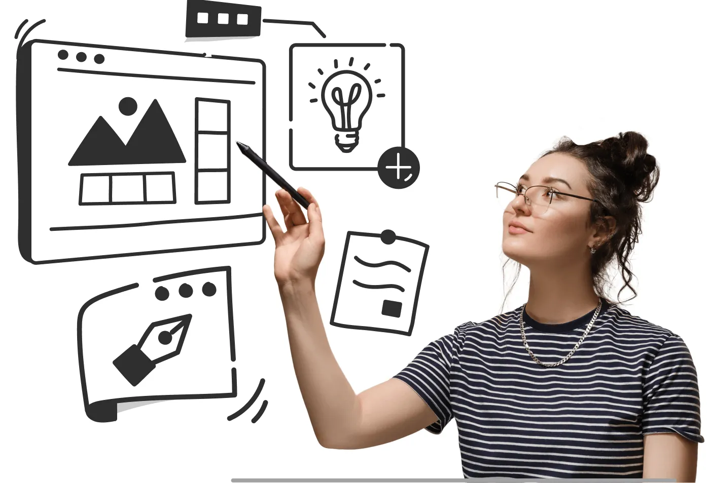 Designer pointing at an interface sketch on a floating screen.